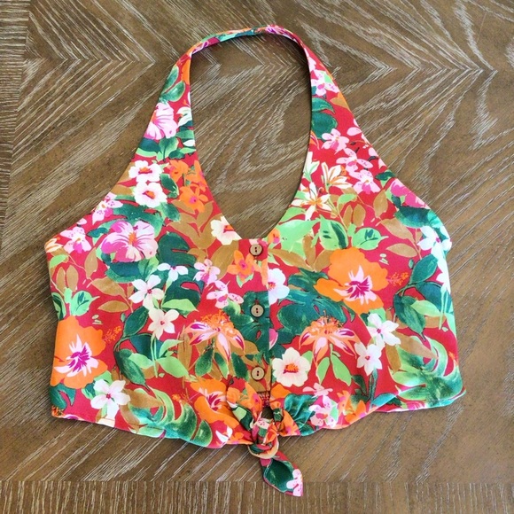 Lily Rose Juniors Floral Button Tie Front Crop Halter Tank Top - Picture 6 of 9